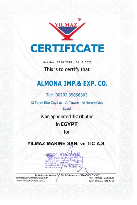 شهادة توكيل يلماز الرسمية لشركة المنى في مصر - Yilmaz Official Distributor Certificate Egypt